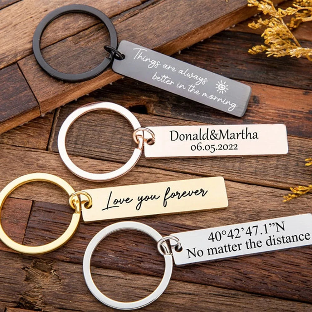 Personalized Engraved Keychain Stainless Steel Drive Safe Bar Keyring Couple Key Chain Birthday Gifts For Women Men Jewelry